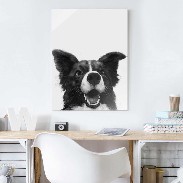 Quadri cani Illustrazione - Cane Border Collie Pittura in bianco e nero