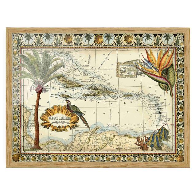Quadri con cornice con mappamondo Mappa tropicale vintage delle Indie Occidentali