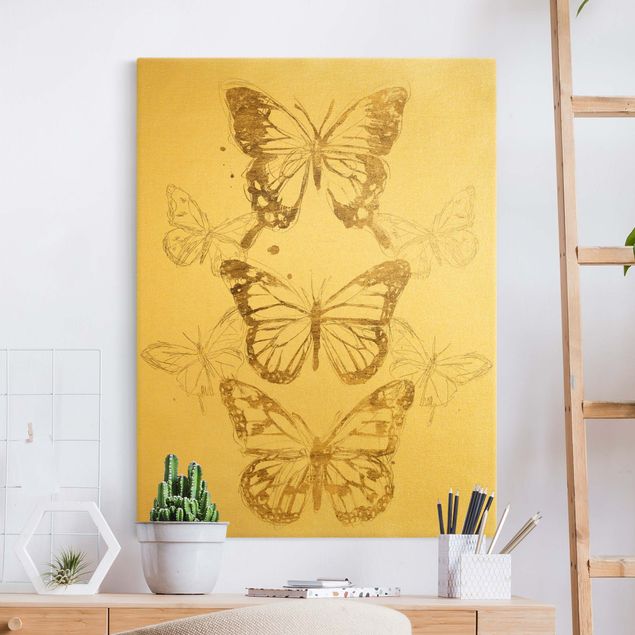 Quadri su tela con farfalle Composizione di farfalle in oro I