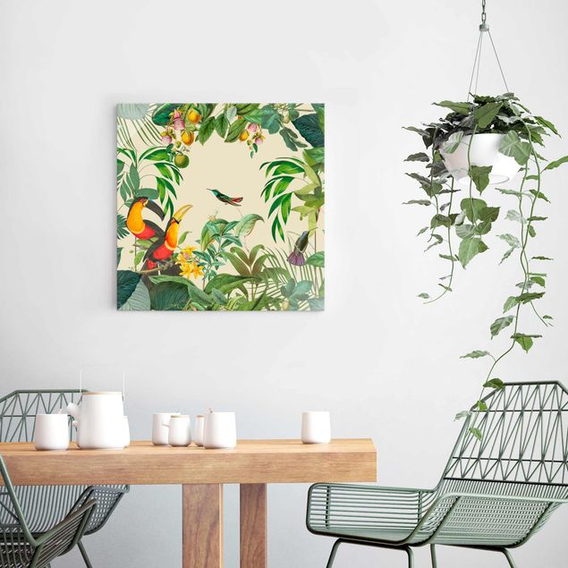 Quadri in vetro con fiori Collage vintage - Uccelli nella giungla