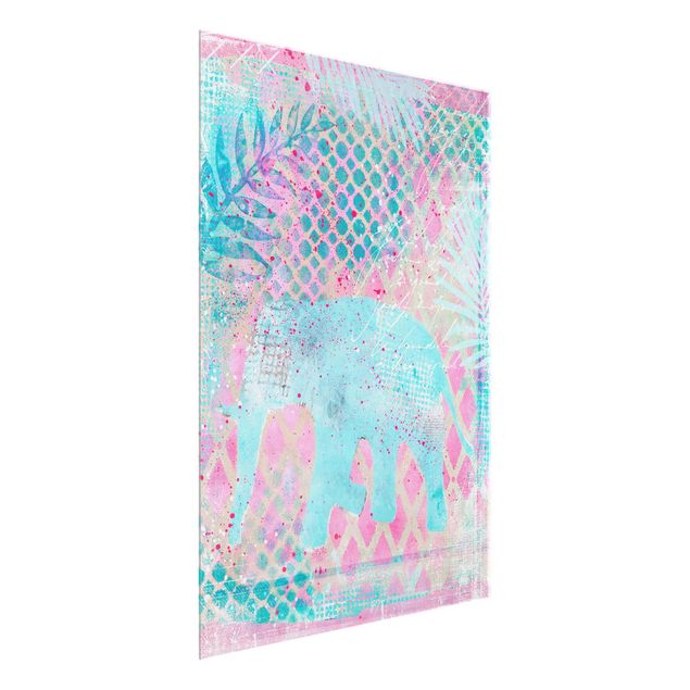 Quadro moderno Collage colorato - Elefante in blu e rosa
