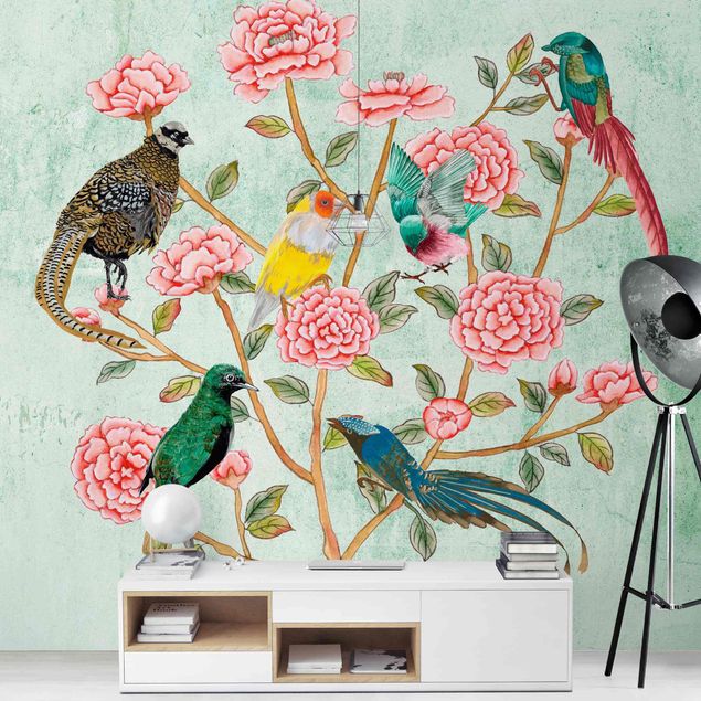 Carta da parati con uccelli e fiori Collage di cineserie in menta II