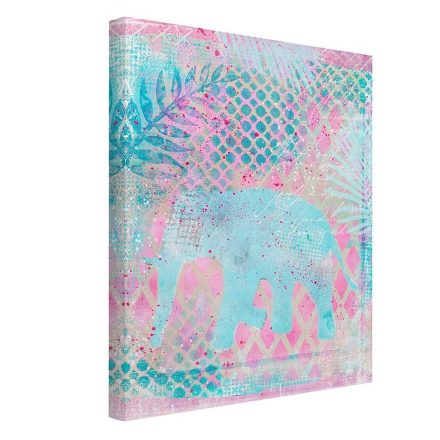 Quadri moderni per arredamento Collage colorato - Elefante in blu e rosa