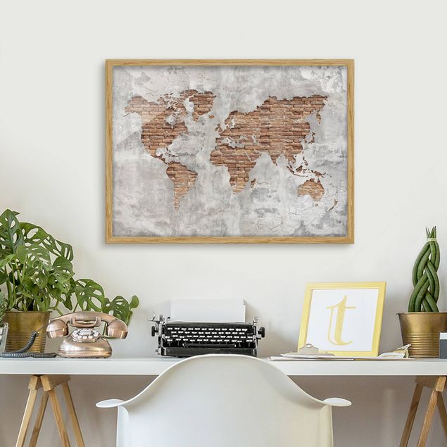 Quadri con cornice con mappamondo Mappa del mondo in mattoni e cemento shabby