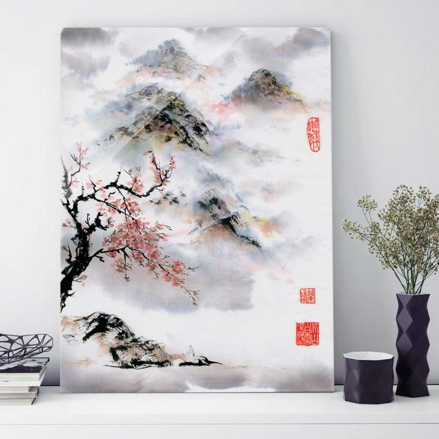Quadri in vetro con montagna Disegno acquerello giapponese Ciliegio e montagne