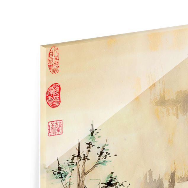 Quadro vintage Disegno acquerello giapponese Cedri e montagne