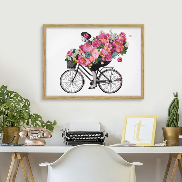 Quadri con cornice con fiori Illustrazione - Donna in bicicletta - Collage di fiori colorati