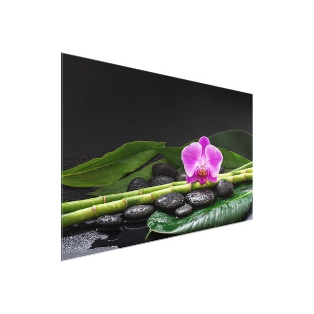 Quadri in vetro con fiori Bambù verde con fiore di orchidea