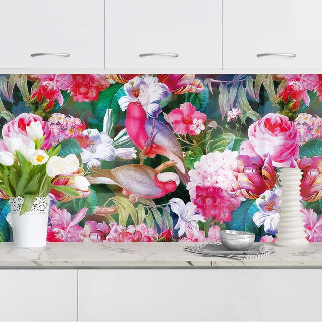 Rivestimento cucina con disegni Tropicali variopinti fiori con uccelli rosa