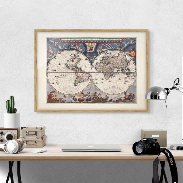 Quadri con cornice con mappamondo Mappa storica del mondo Nova Et Accuratissima del 1664