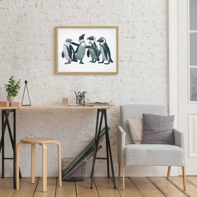 Quadri con cornice con animali Illustrazione - Pinguini Acquerello Bianco e Nero