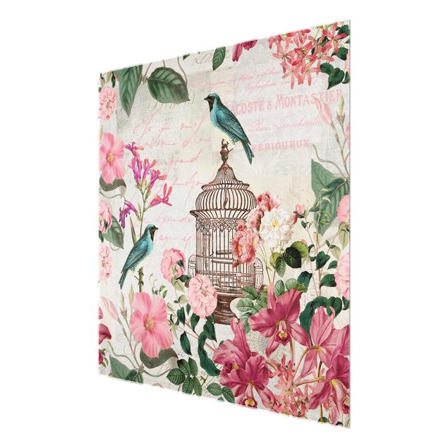 Quadri Andrea Haase Collage Shabby Chic - Fiori rosa e uccelli blu