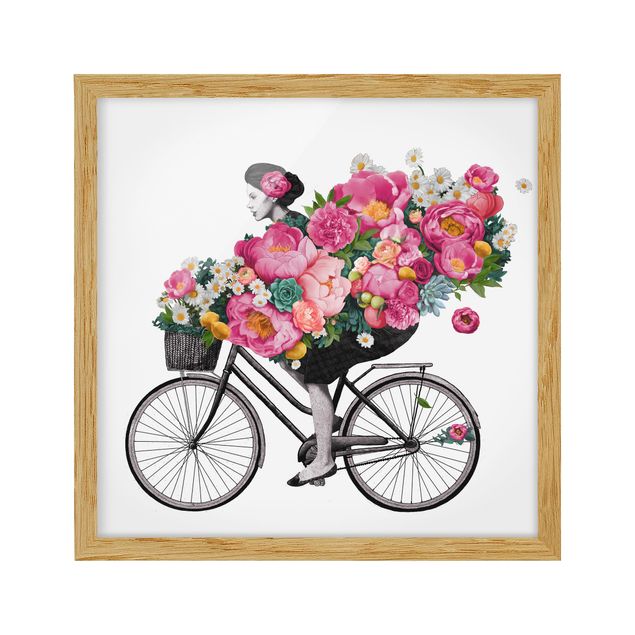 Quadri rosa Illustrazione - Donna in bicicletta - Collage di fiori colorati