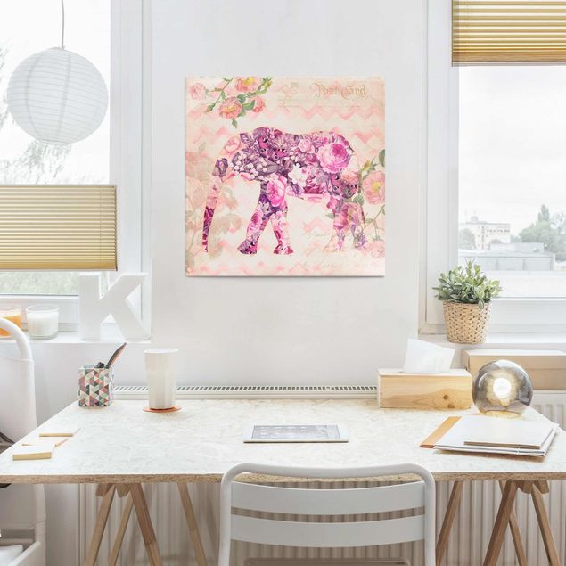 Quadri di farfalle Collage vintage - Fiori rosa elefante