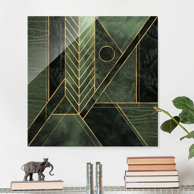 Quadro in vetro - Forme geometriche oro verde smeraldo - Quadrato 1:1