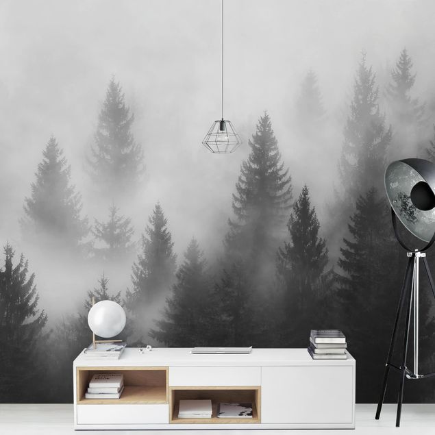 Carta da parati moderna Foresta di conifere nella nebbia Bianco e nero
