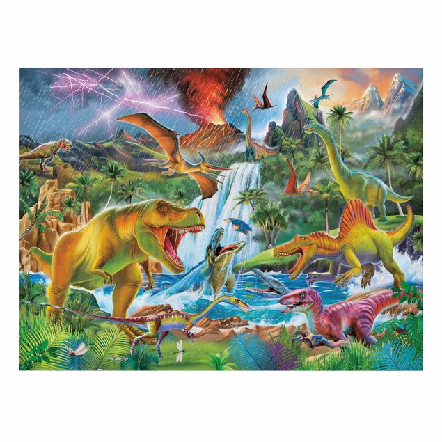 Quadri moderni colorati Dinosauri in una tempesta preistorica