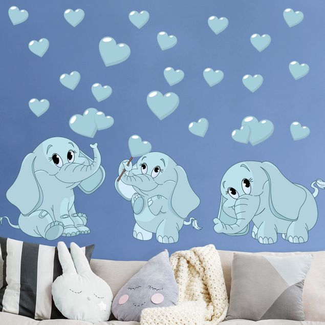 Adesivi murali elefanti Tre elefantini blu con cuore