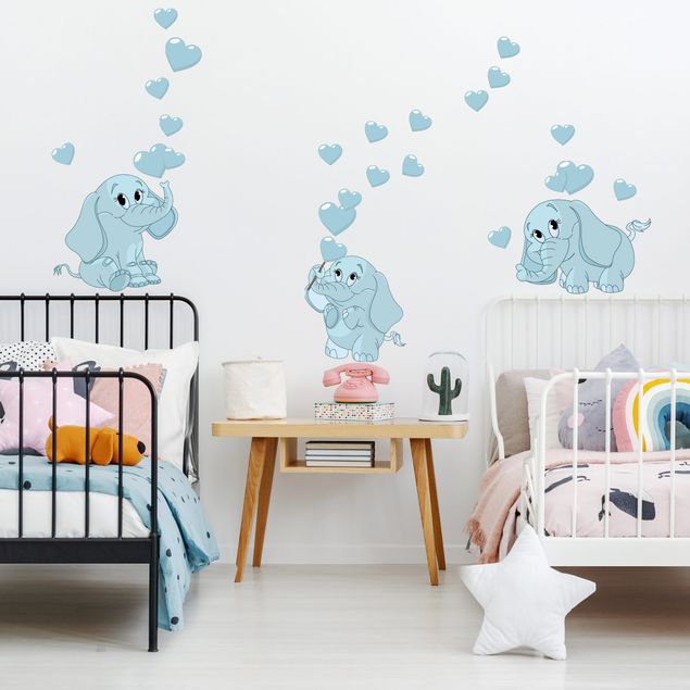 Adesivi murali cuori Tre elefantini blu con cuore