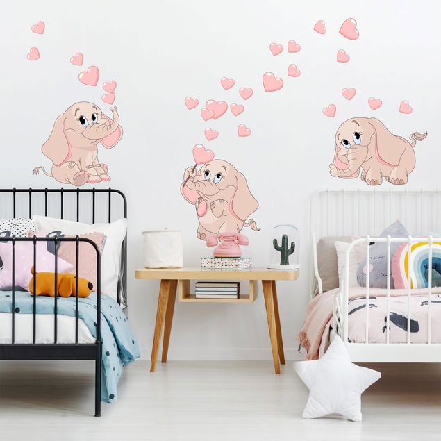 Adesivi murali con animali Tre elefantini rosa con i cuori