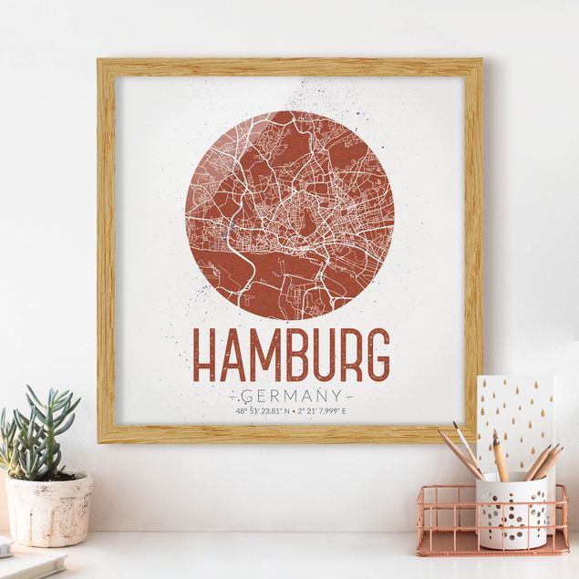 Quadri con cornice con architettura e skylines Mappa di Amburgo - Retrò