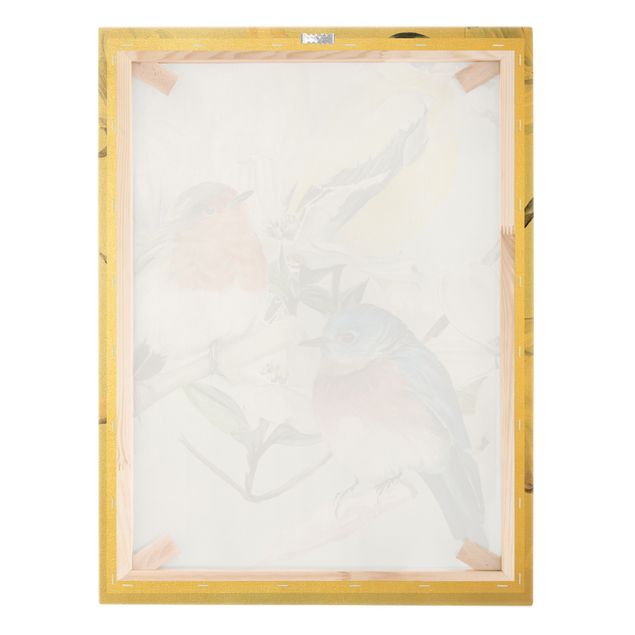 Quadro su tela oro - Uccellini colorati su un ramo di magnolia II