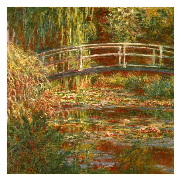 Carte da parati con rose Claude Monet - Stagno di ninfee e ponte giapponese (Armonia in rosa)