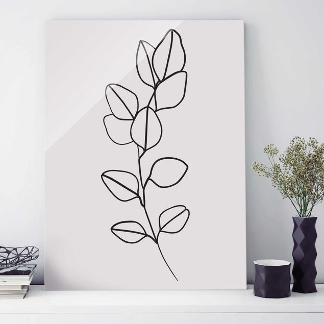 Glas Magnetboard Line Art - Ramo di foglie in bianco e nero