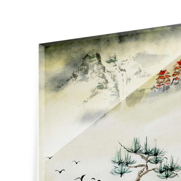 Quadri natura Disegno acquerello giapponese pino e villaggio di montagna