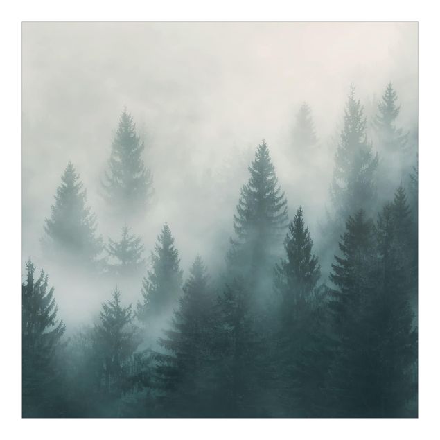Carta da parati beige Foresta di conifere nella nebbia
