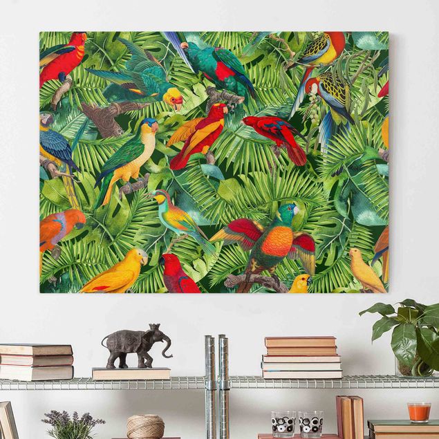 Quadri su tela con uccelli Collage colorato - Pappagalli nella giungla