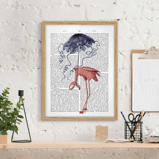 Quadri con cornice con frasi Lettura con animali - Fenicottero con ombrello