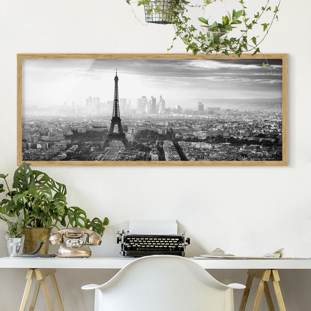 Quadri con cornice architettura e skylines  La Torre Eiffel dall'alto in bianco e nero