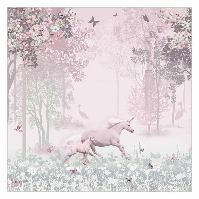 Carte da parati moderne Unicorno su prato fiorito in rosa