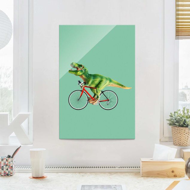 Magnettafel Glas Dinosauro con bicicletta