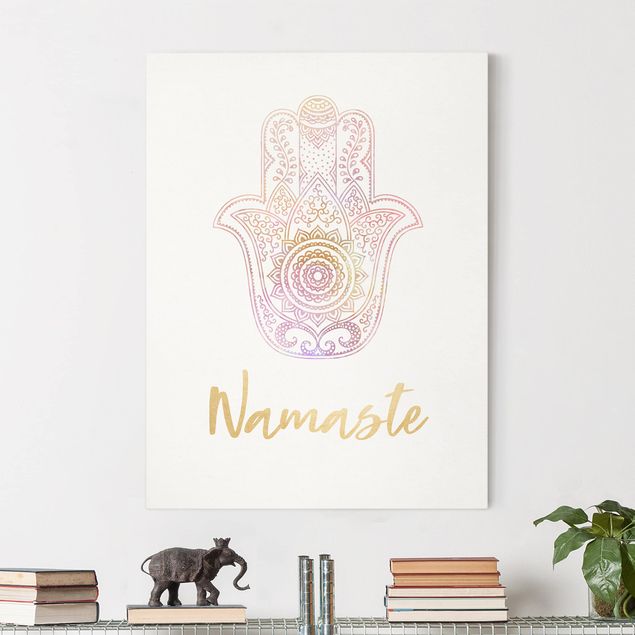 Quadri su tela con disegni Mano Hamsa - Illustrazione Namaste Oro Rosa Chiaro