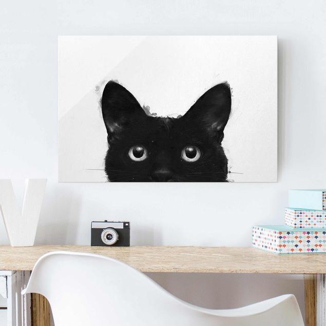 Glas Magnettafel Illustrazione - Gatto nero su pittura bianca