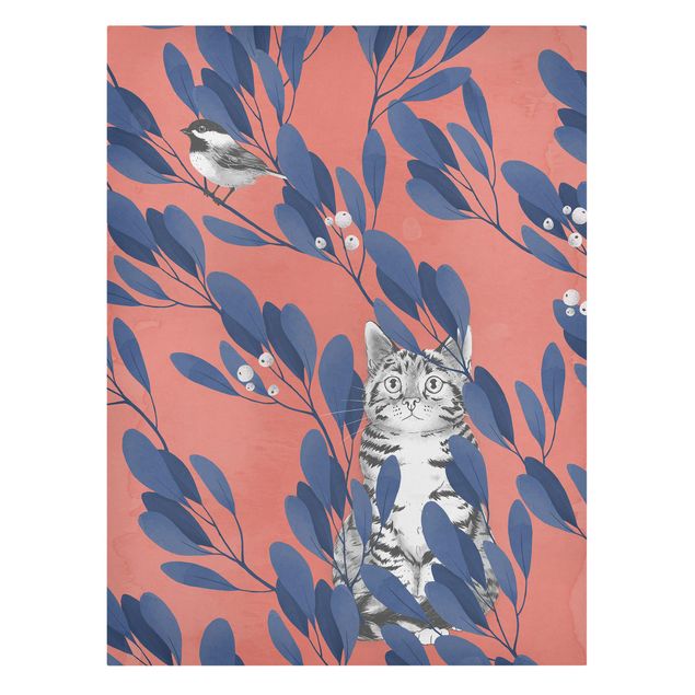 Quadri moderni   Illustrazione - Gatto e uccello su ramo blu rosso