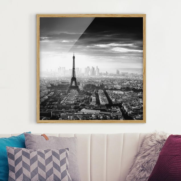 Quadri con cornice con architettura e skylines La Torre Eiffel dall'alto in bianco e nero