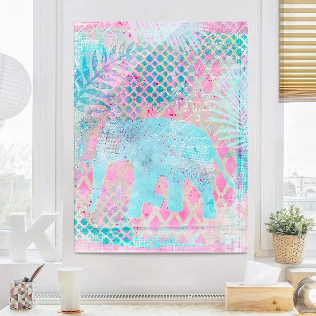 Quadri con paesaggio Collage colorato - Elefante in blu e rosa