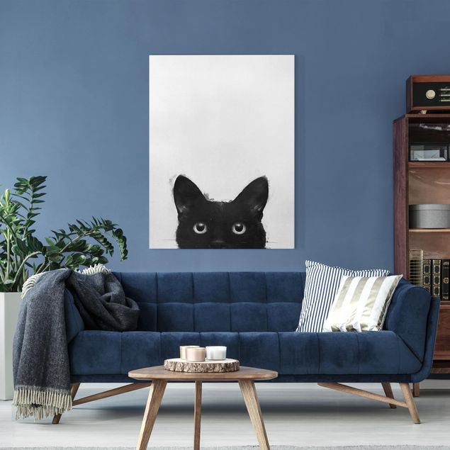 Quadri su tela con gatti Illustrazione - Gatto nero su pittura bianca