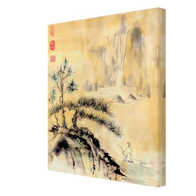 Tela cascata Disegno acquerello giapponese Cedri e montagne