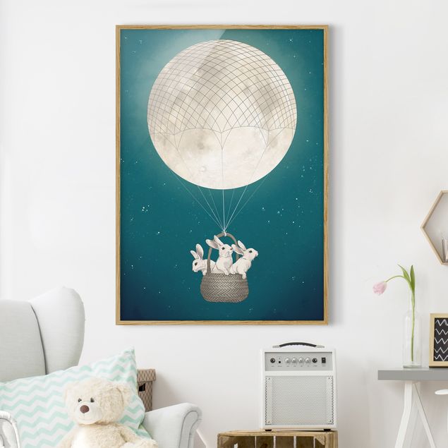 Quadri con cornice con animali Illustrazione - Conigli e luna come mongolfiera cielo stellato