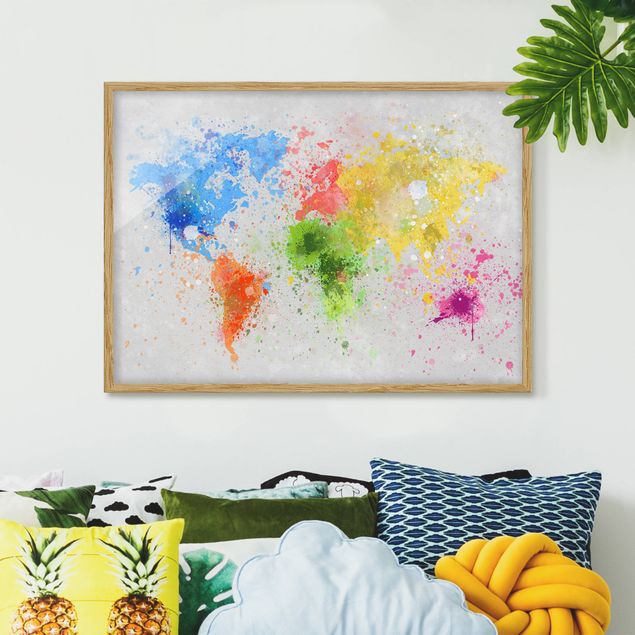 Quadri con cornice con mappamondo Mappa del mondo a schizzi colorati