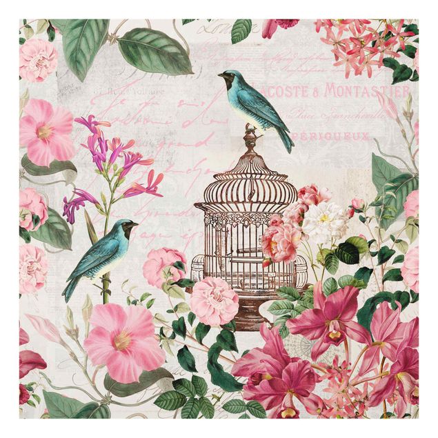 Quadri rosa Collage Shabby Chic - Fiori rosa e uccelli blu