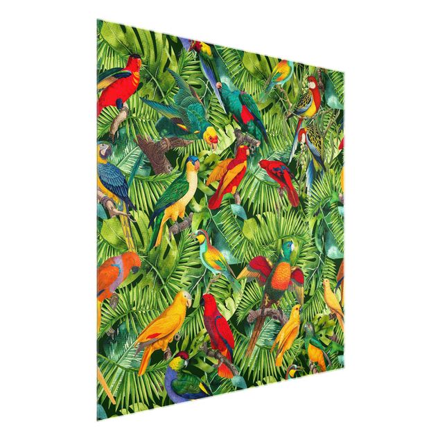 Quadri con fiori Collage colorato - Pappagalli nella giungla