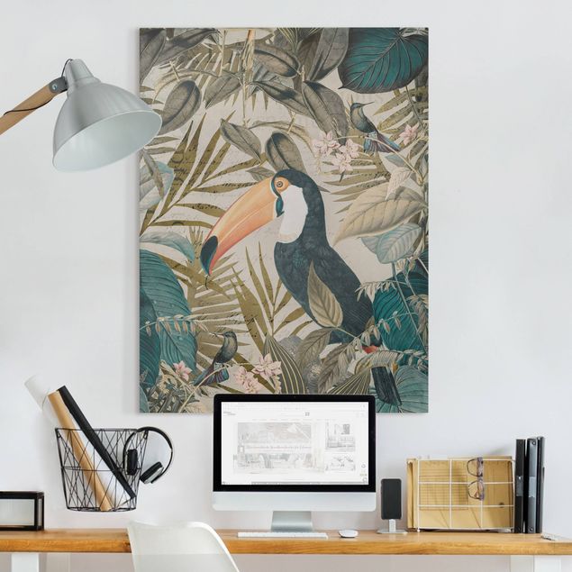 Quadri su tela con uccelli Collage vintage - Tucano nella giungla