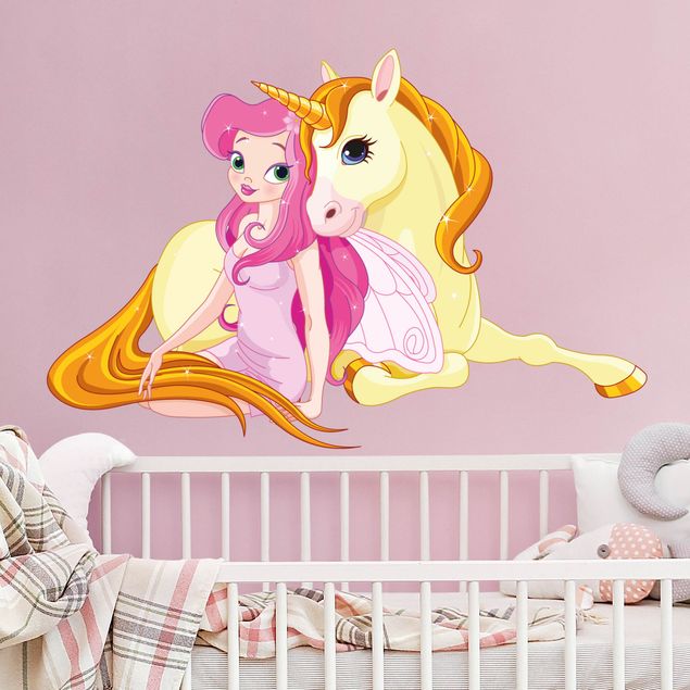 Stickers murali unicorni Fata con il suo unicorno