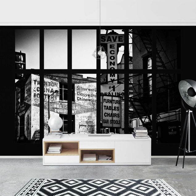 Carte da parati 3d Vista dalla finestra della facciata di edificio americano bianco e nero