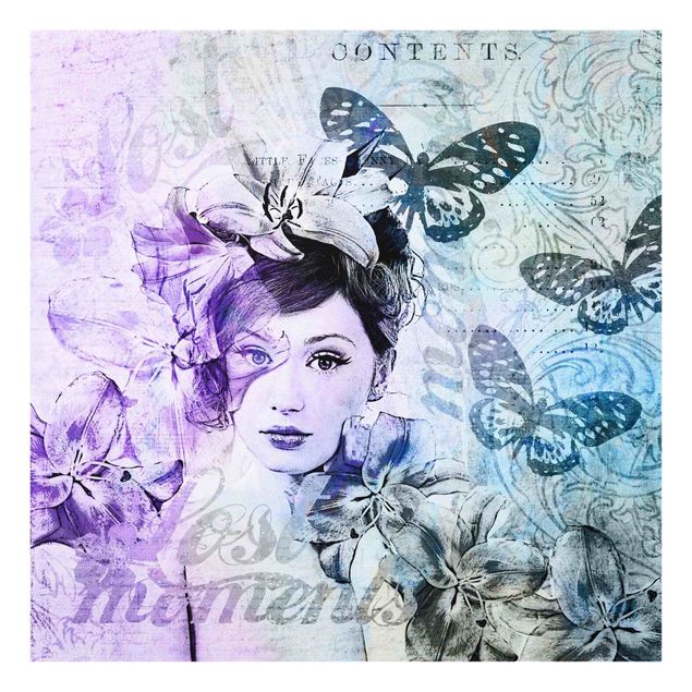 Quadro viola Collage Shabby Chic - Ritratto con farfalle